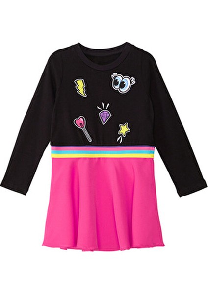 Emojili Kız Çocuk Elbise Siyah Pembe Renkli Lastikli Günlük Stil Kışlık