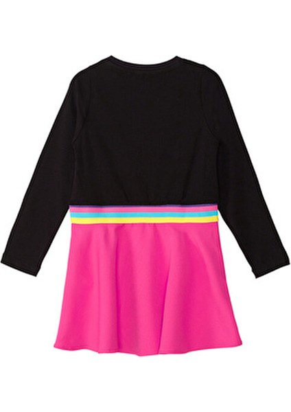 Emojili Kız Çocuk Elbise Siyah Pembe Renkli Lastikli Günlük Stil Kışlık