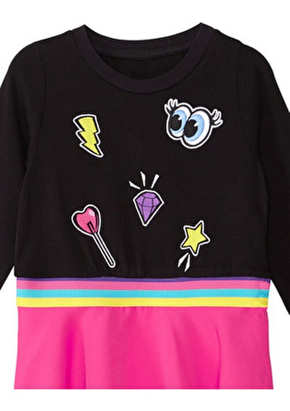 Emojili Kız Çocuk Elbise Siyah Pembe Renkli Lastikli Günlük Stil Kışlık