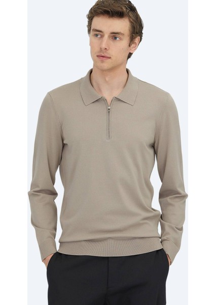 Açık Vizon Polo Yaka Düz Örgü Triko Kazak fiyatları