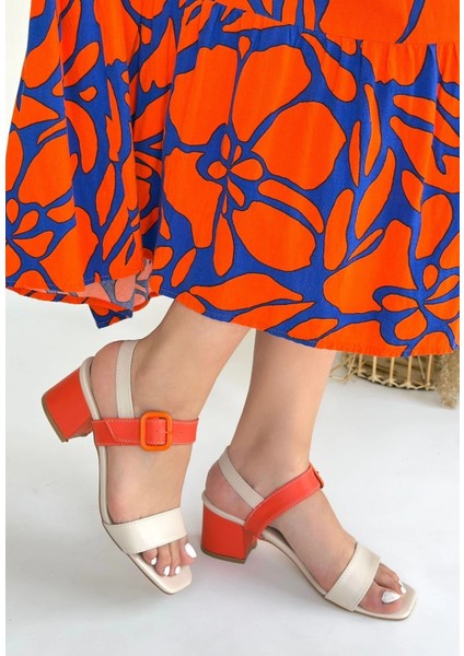 Year Bej Cilt Turuncu Detaylı Turuncu Topuklu Topuklu Ayakkabı