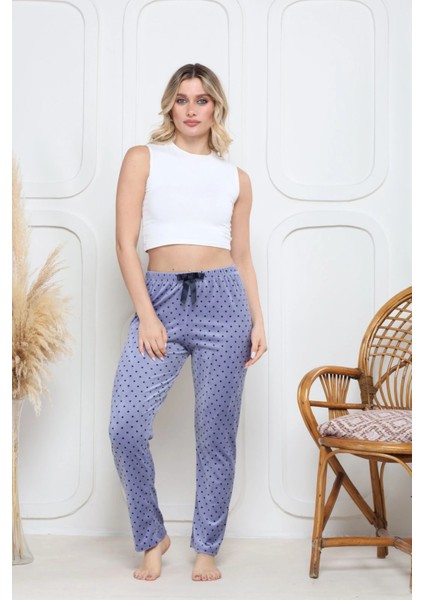 Kadife Pijama Altı Mavi Üstüne Siyah Pontiye Desenli Q7013