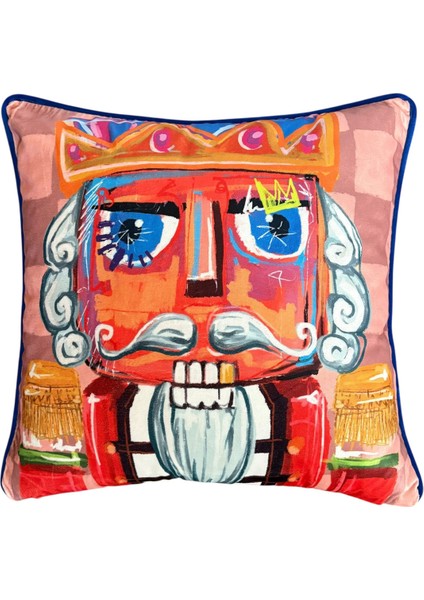 Nutcracker Desenli Kadife Yastık Kılıfı - 50X50 cm - Renkli Yeni Yıl Tasarım - Dekoratif Kırlent Kılıfı