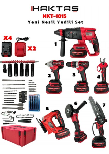 Yeni Nesil Kırmızı 7'li Profesyonel Şarjlı El Aletleri Seti | Full Aksesuar | 4 Batarya 2 Şarj Aleti