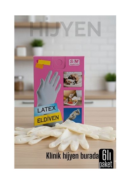6'lı Kutulu Latex Eldiven Hijyenik Esnek ve Çok Amaçlı Kullanım Için