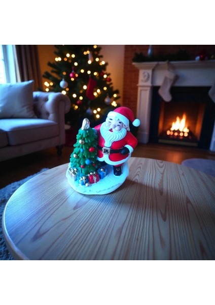 Yılbaşı Dekorasyon Tablalı Noel Baba Biblo Yılbaşı Ağacı Dekorasyon Biblo 15 cm