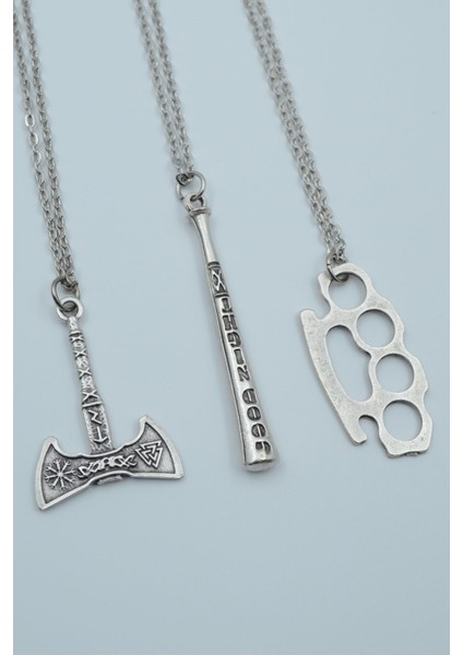 3'lü Çift Taraflı Viking Balta Beyzbol Sopası Muşta Gümüş Kaplama Kolye Seti