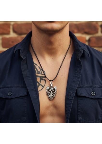 Güç Sembolü - Ejderha Kılıç Taç Gümüş Kaplama Deri İp Kolye