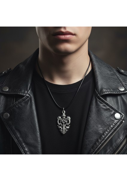 Güç Sembolü - Ejderha Kılıç Taç Gümüş Kaplama Deri İp Kolye modelleri
