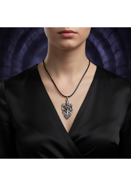 Güç Sembolü - Ejderha Kılıç Taç Gümüş Kaplama Deri İp Kolye fırsatları