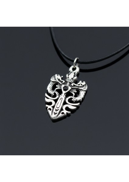 Güç Sembolü - Ejderha Kılıç Taç Gümüş Kaplama Deri İp Kolye indirimleri