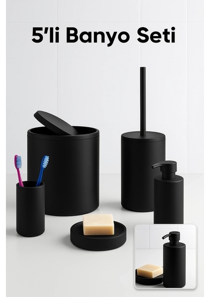 Siyah 5’li Banyo Seti – Çöp Kovası, Tuvalet Fırçası, Sabunluk ve Aksesuarlar