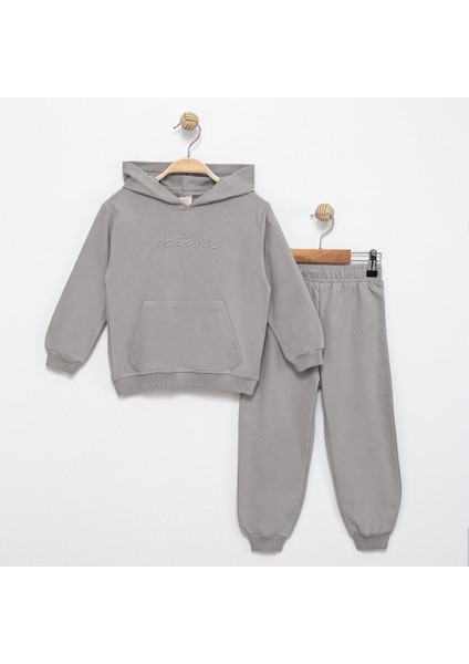 Gri Kız Çocuk Eşofman Takımı Kapüşonlu Rahat Kalıp 2031-7