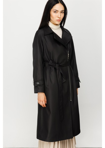 Alle İçi Kapitone Dolgulu Yandan Fermuar Kapamalı Spor Manto Kaban-Siyah