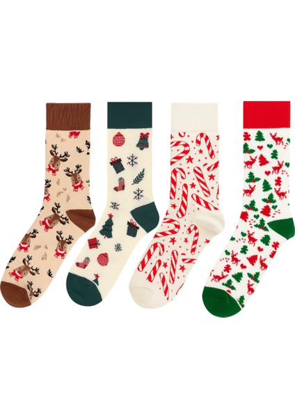 Yılbaşı Figürlü 4’lü Çorap Seti Noel Geyik ve Hediye Desenli