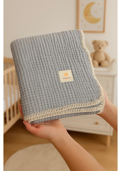 4 Kat Çoban Dikişli Gri %100 Pamuk Müslin Bebek Battaniye (100X120 Cm)