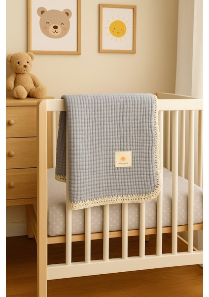 4 Kat Çoban Dikişli Gri %100 Pamuk Müslin Bebek Battaniye (100X120 Cm) modelleri