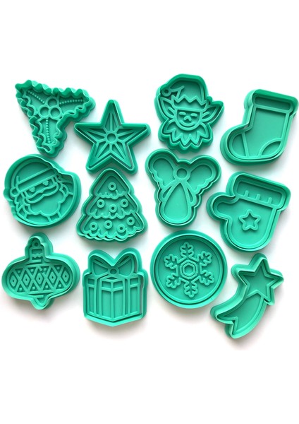 12'li Yılbaşı Kutlama Kurabiye Kalıbı Seti | Noel Baba, Elf, Melek, Kar Tanesi, Hediye | Kış Temalı Parti ve Süsleme | Şeker Hamur | Kil Şekillendiriciu