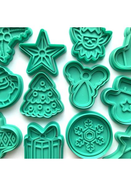 12'li Yılbaşı Kutlama Kurabiye Kalıbı Seti | Noel Baba, Elf, Melek, Kar Tanesi, Hediye | Kış Temalı Parti ve Süsleme | Şeker Hamur | Kil Şekillendiriciu