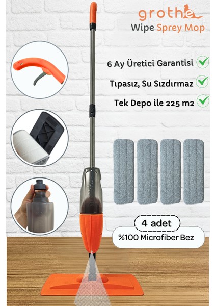 Wipe Sprey Mop Turuncu - 4 Mop Bezli - Tıpasız Sistem - 700 Cc Su Hazneli (ÜRETİCİ GARANTİLİ) GRTSM-01