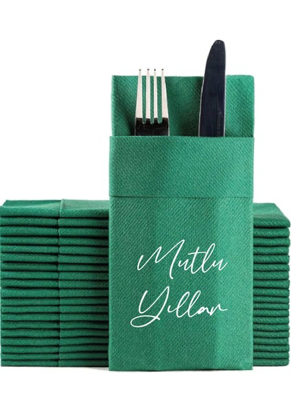 Kumaş Dokulu Mutlu Yıllar Baskılı Yeşil Cepli Peçete 6'lı