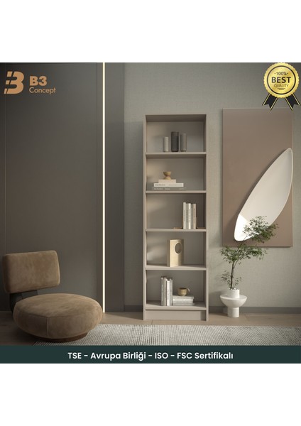 B3CONCEPT Modern Kum Beji Kitaplık – 5 Raflı Ahşap Raflı Dekoratif Çok Amaçlı Düzenleyici Kitaplık
