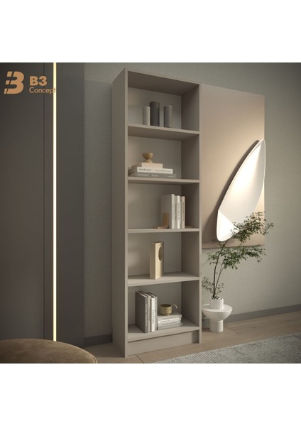 B3CONCEPT Modern Kum Beji Kitaplık – 5 Raflı Ahşap Raflı Dekoratif Çok Amaçlı Düzenleyici Kitaplık