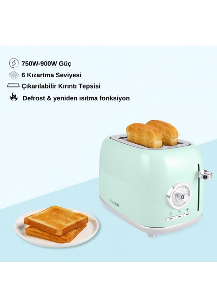 YK-688T Retro Mavi Iki Dilim Ekmek Kızartma Makinesi