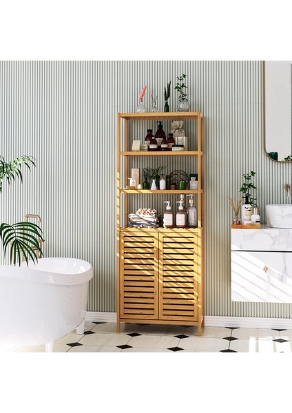 Bambu Banyo Dolabı 6 Raflı Kapaklı Salon Mutfak Çalışma Odası Dolabı Kitaplık