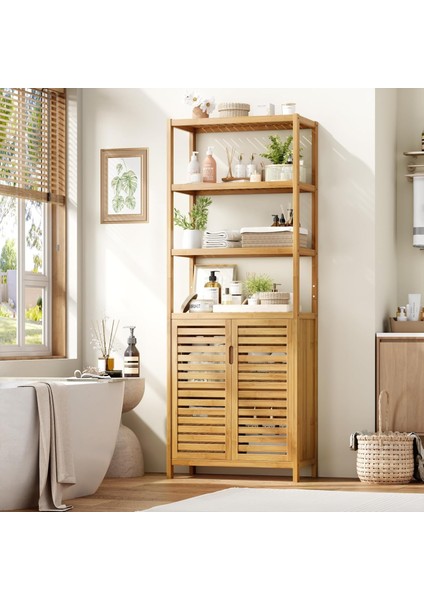 Bambu Banyo Dolabı 6 Raflı Kapaklı Salon Mutfak Çalışma Odası Dolabı Kitaplık fiyatları