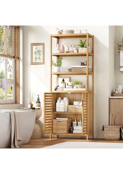 Bambu Banyo Dolabı 6 Raflı Kapaklı Salon Mutfak Çalışma Odası Dolabı Kitaplık modelleri