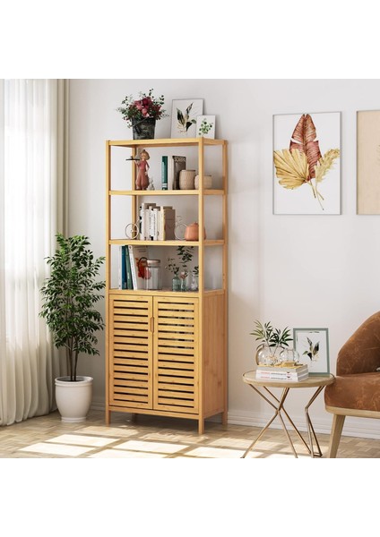Bambu Banyo Dolabı 6 Raflı Kapaklı Salon Mutfak Çalışma Odası Dolabı Kitaplık fırsatları