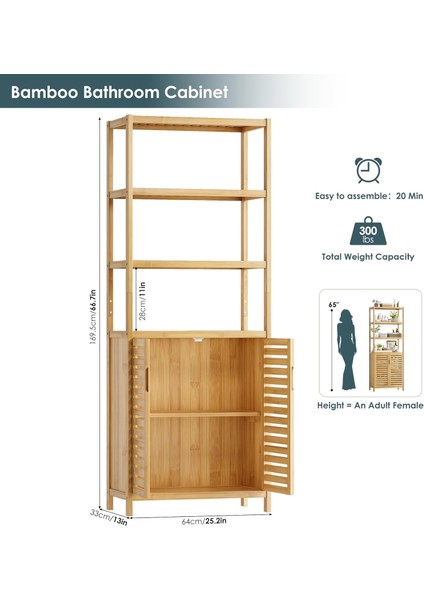 Bambu Banyo Dolabı 6 Raflı Kapaklı Salon Mutfak Çalışma Odası Dolabı Kitaplık indirimleri