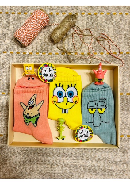 Al Bi 90Lık Al Bi 90'lık 3'lü Sünger Bob Patrıck Squıdward Desenli Kolej Set Çorap