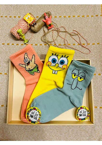 Al Bi 90Lık Al Bi 90'lık 3'lü Sünger Bob Patrıck Squıdward Desenli Kolej Set Çorap fiyatları
