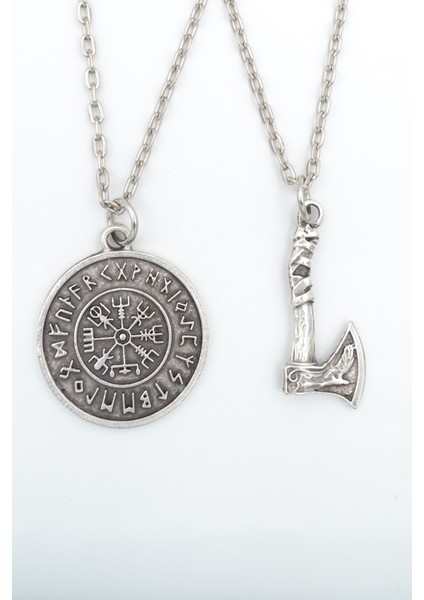 2'li Viking Pusula - Viking Balta Gümüş Kaplama Kolye Seti