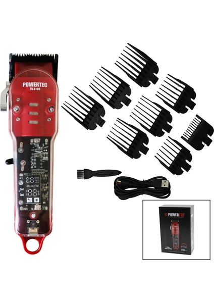 Saç - Sakal Kesme Traş Makinesi Şeffaf Ana Kartlı Gövde - USB Şarjlı Göstergeli - Tarak Ay