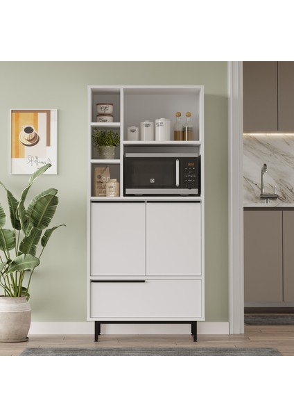 Bohem Mutfak Kiler Dolabı Mikrodalga 3 Kapaklı Raflı Metal Ayaklı Beyaz BOH9A-W