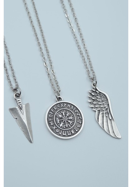 3'lü Triagle Ok Ucu Viking Pusula Büyük Kanat Gümüş Kaplama Kolye Seti
