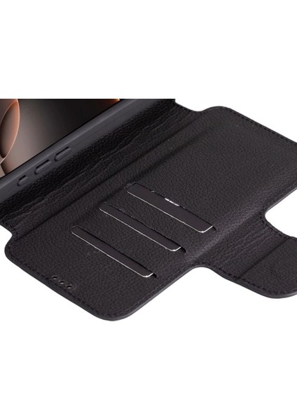 Apple iPhone 16 Pro Uyumlu, Hakiki Deri, El Yapımı, Cüzdanlı Kılıf, Parlak Siyah fiyatları