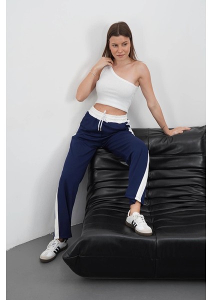 Şeritli Garnili Pantolon Lacivert modelleri