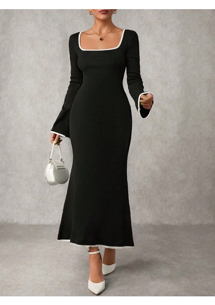 Biyeli Uzun Elbise Siyah