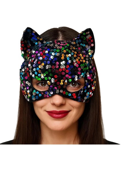 Siyah Kadife Kumaş Üzerine Rengarenk Payetli Pullu Parti Maskesi 16X14 cm fiyatları