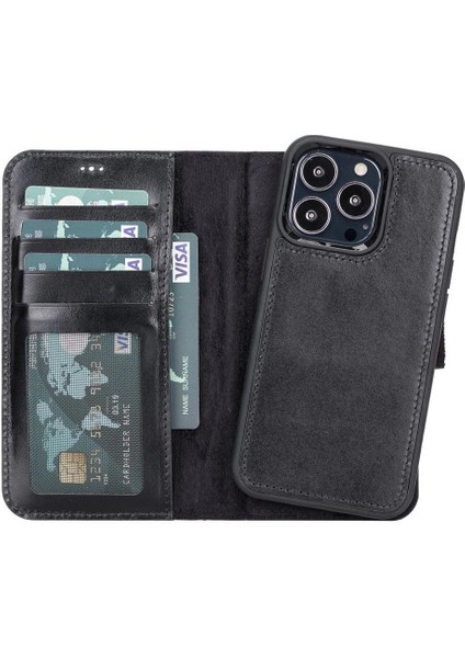 Buğz Apple iPhone 13 Pro Uyumlu Deri Cüzdanlı Kılıf Siyah