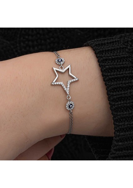 925 Ayar Gümüş Yıldız Nazarlı Kadın Bileklik T8652 (972972)
