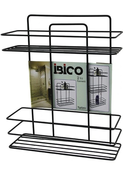 Siyah 2 Katlı - Dikdörtgen Metal Banyo Köşelik - Duşkabin Raf - Şampuanlık (5148)