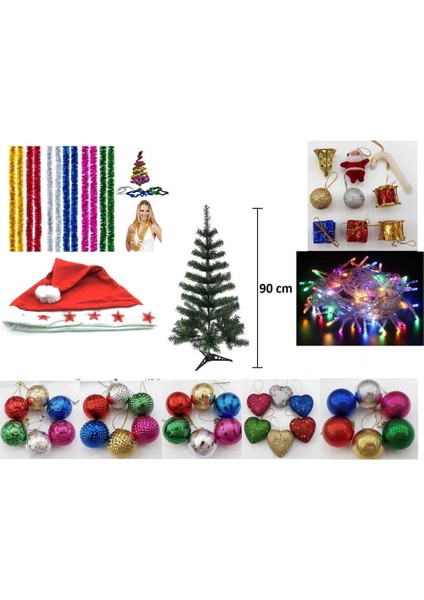 90CM Yılbaşı Ağacı, Renkli Süsler ve 100 Ledli Rgb Işıklarla Dekorasyon