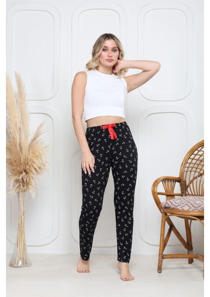 Viskon Likralı Alt Pijama Demir Siyah Baskı Desenli Q6018