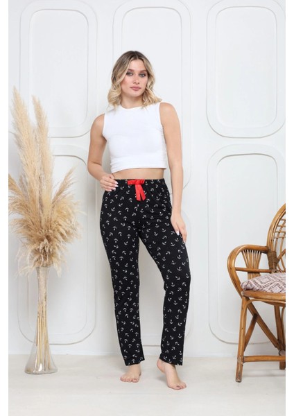 Viskon Likralı Alt Pijama Demir Siyah Baskı Desenli Q6018 modelleri