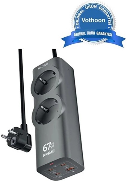 67W Hızlı Şarjlı Akıllı Çoklu Priz – 2000W Güç, 2 Usb-C + 2 Usb-A Çıkışlı, Telefon &